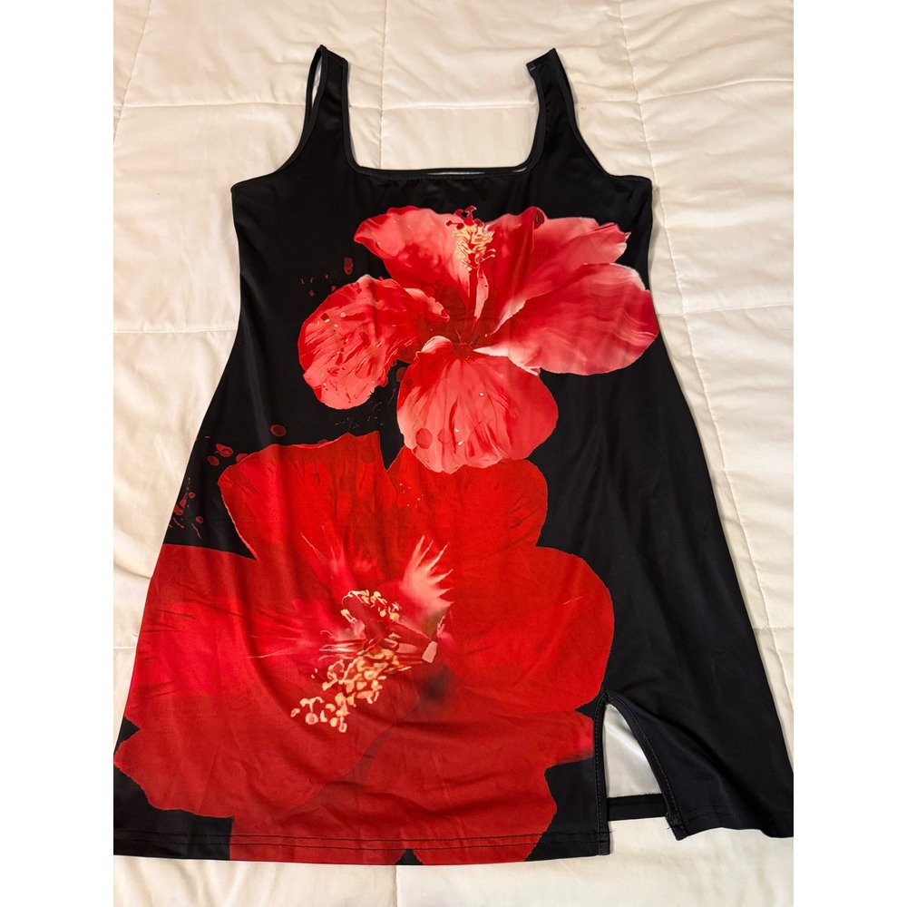Black Red Hibiscus Floral Mini Dress Square Neck Sleeveless Side Slit 1XL